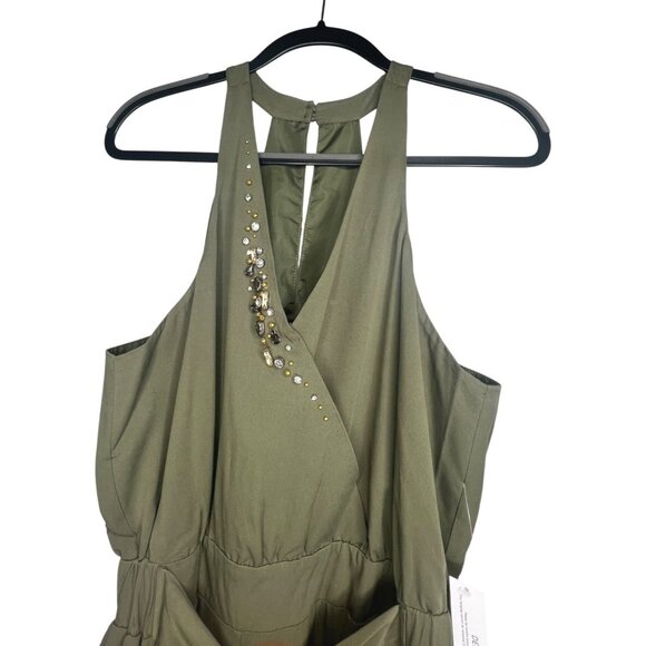 Venus Olive Green Sleeveless Jumpsuit With  Rhinestone Embellishment Neckline L - Picture 6 of 12